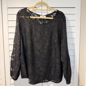 Q&A Black Floral Burnout Blouse Women XXL Sheer Long Sleeve Scoop Neck Top